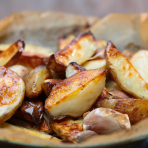 roasted potatoes, potatoes, oven baked potatoes, served with leg of lamb, side dish